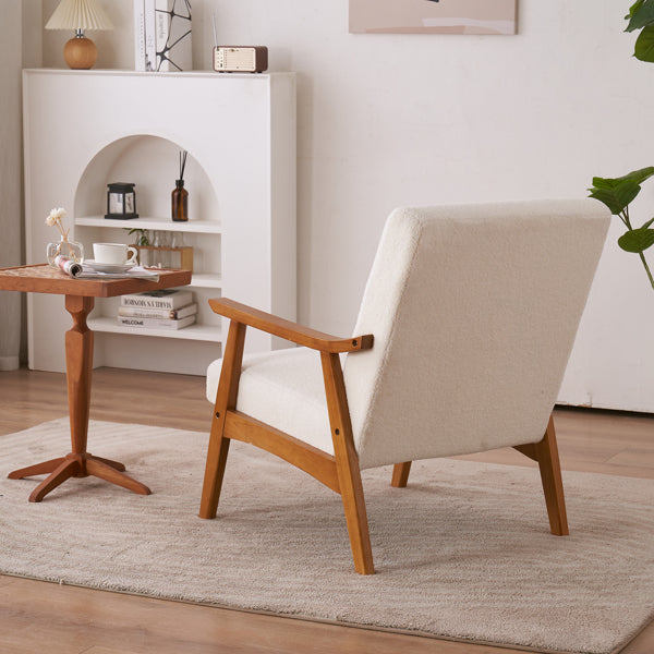 Creamy White Solid Wood Armrest Lounge Chair with Teddy Velvet Upholstery - Simple Single Indoor Backrest Seating