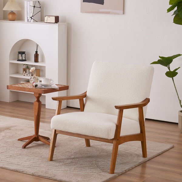 Creamy White Solid Wood Armrest Lounge Chair with Teddy Velvet Upholstery - Simple Single Indoor Backrest Seating