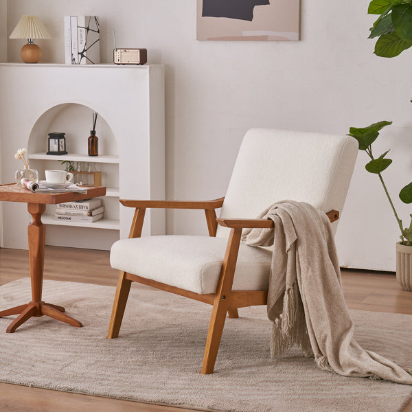 Creamy White Solid Wood Armrest Lounge Chair with Teddy Velvet Upholstery - Simple Single Indoor Backrest Seating