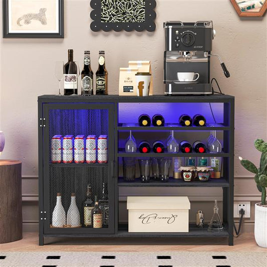 Gray & Silver Wine Bar Cabinet with UAB Socket - Stylish Liquor Storage Credenza & Sideboard with Wine Racks & Stemware Holder for Family Bars, Hallways, and Living Rooms