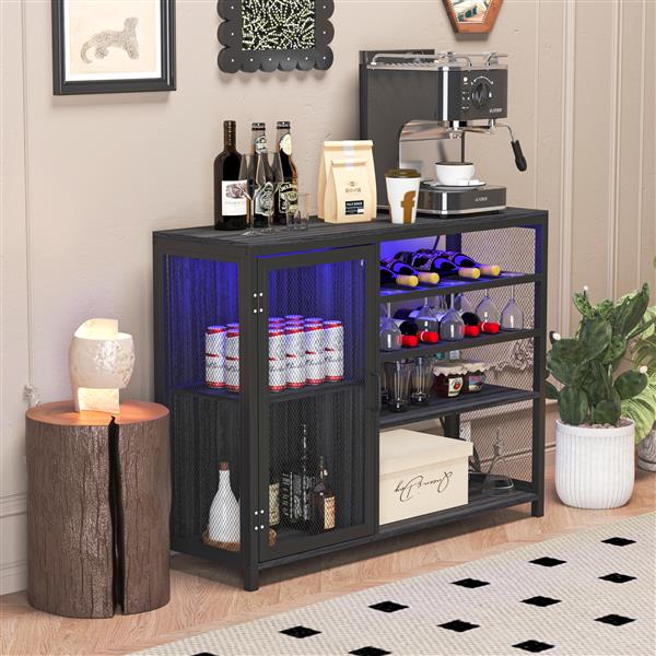 Gray & Silver Wine Bar Cabinet with UAB Socket - Stylish Liquor Storage Credenza & Sideboard with Wine Racks & Stemware Holder for Family Bars, Hallways, and Living Rooms