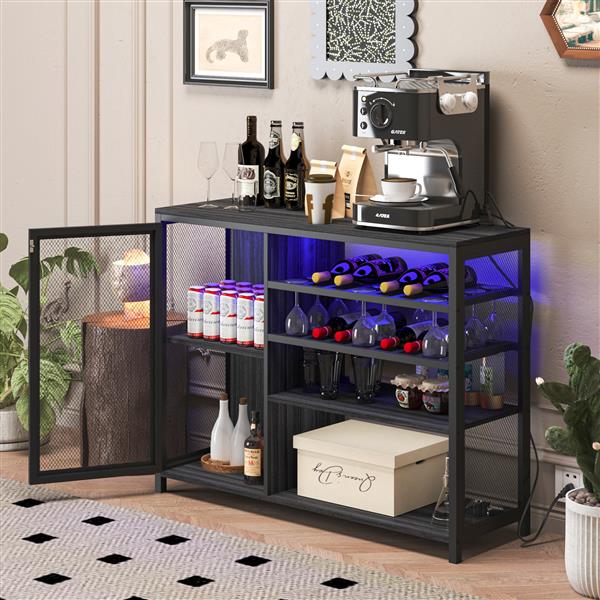 Gray & Silver Wine Bar Cabinet with UAB Socket - Stylish Liquor Storage Credenza & Sideboard with Wine Racks & Stemware Holder for Family Bars, Hallways, and Living Rooms