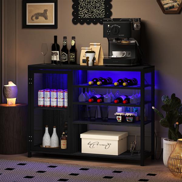 Gray & Silver Wine Bar Cabinet with UAB Socket - Stylish Liquor Storage Credenza & Sideboard with Wine Racks & Stemware Holder for Family Bars, Hallways, and Living Rooms