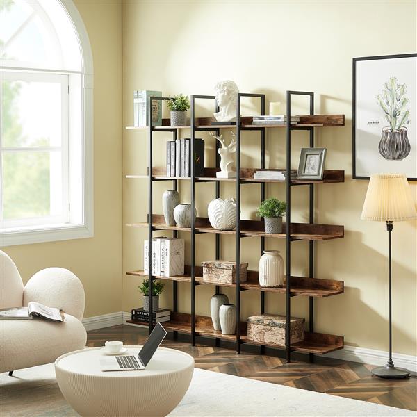 5-Tier Industrial Vintage Bookcase for Home Office - Open Bookshelf with Metal Frame & MDF Shelves