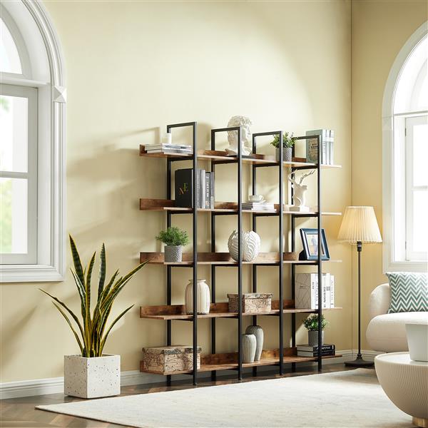 5-Tier Industrial Vintage Bookcase for Home Office - Open Bookshelf with Metal Frame & MDF Shelves