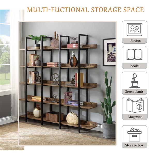 5-Tier Industrial Vintage Bookcase for Home Office - Open Bookshelf with Metal Frame & MDF Shelves