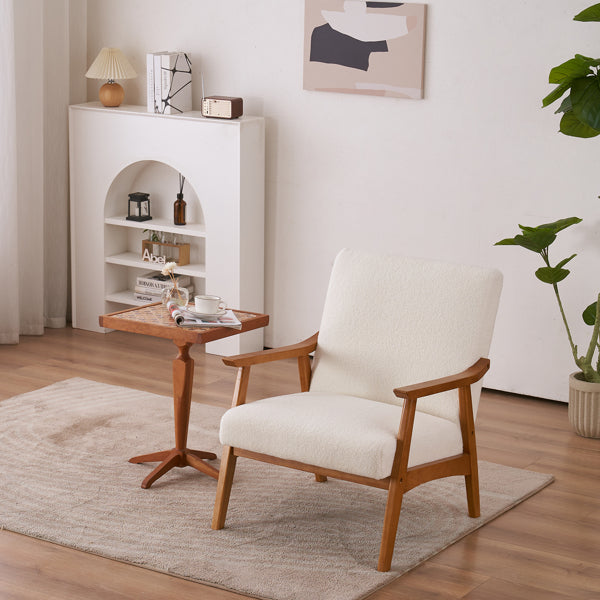 Creamy White Solid Wood Armrest Lounge Chair with Teddy Velvet Upholstery - Simple Single Indoor Backrest Seating