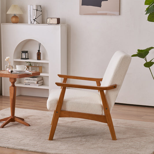 Creamy White Solid Wood Armrest Lounge Chair with Teddy Velvet Upholstery - Simple Single Indoor Backrest Seating