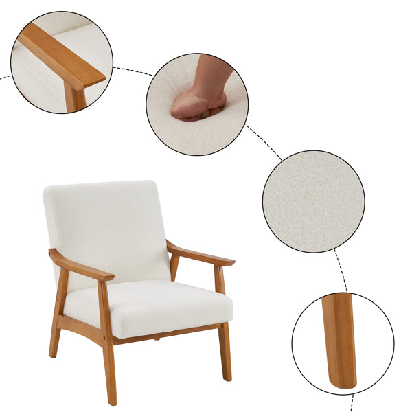 Creamy White Solid Wood Armrest Lounge Chair with Teddy Velvet Upholstery - Simple Single Indoor Backrest Seating