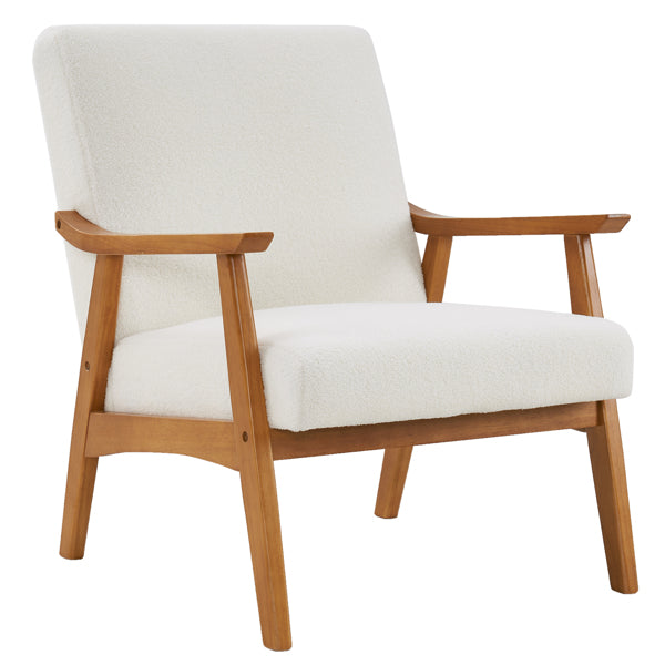 Creamy White Solid Wood Armrest Lounge Chair with Teddy Velvet Upholstery - Simple Single Indoor Backrest Seating