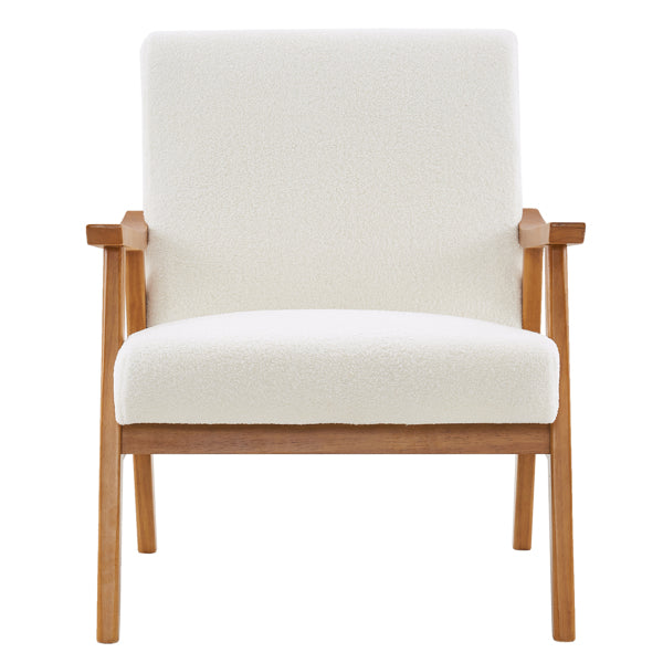 Creamy White Solid Wood Armrest Lounge Chair with Teddy Velvet Upholstery - Simple Single Indoor Backrest Seating