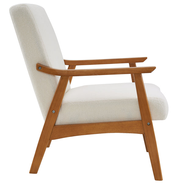 Creamy White Solid Wood Armrest Lounge Chair with Teddy Velvet Upholstery - Simple Single Indoor Backrest Seating