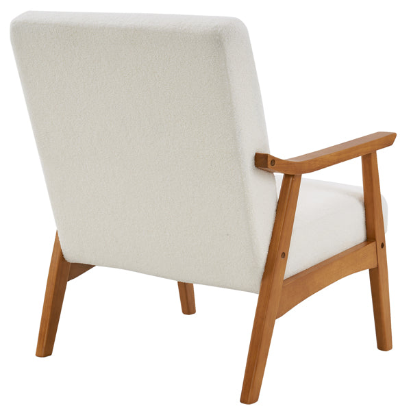 Creamy White Solid Wood Armrest Lounge Chair with Teddy Velvet Upholstery - Simple Single Indoor Backrest Seating