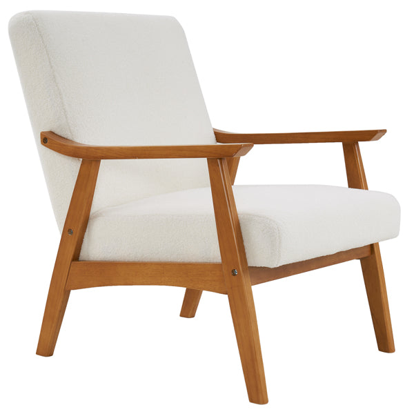 Creamy White Solid Wood Armrest Lounge Chair with Teddy Velvet Upholstery - Simple Single Indoor Backrest Seating