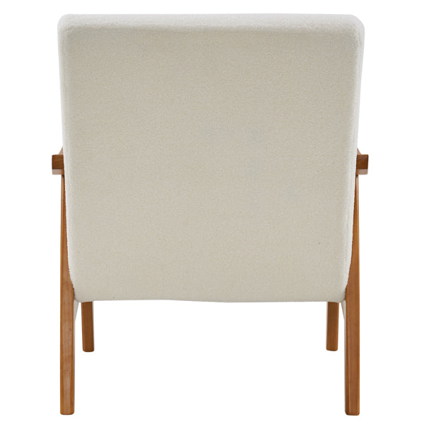 Creamy White Solid Wood Armrest Lounge Chair with Teddy Velvet Upholstery - Simple Single Indoor Backrest Seating