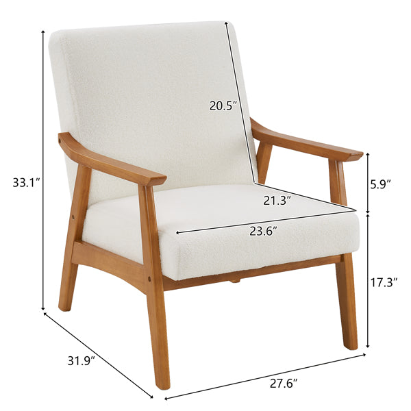 Creamy White Solid Wood Armrest Lounge Chair with Teddy Velvet Upholstery - Simple Single Indoor Backrest Seating