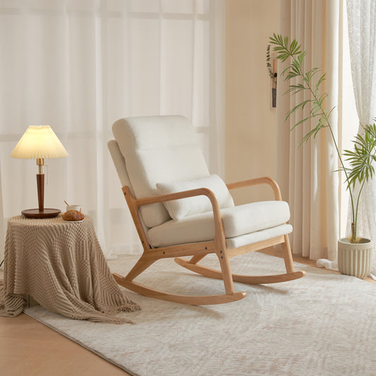 Dual-Use Indoor Rocking Chair – High Back Armchair with Log Color Solid Wood Armrest, Iron Frame, and Off-White Teddy Fleece Cushion