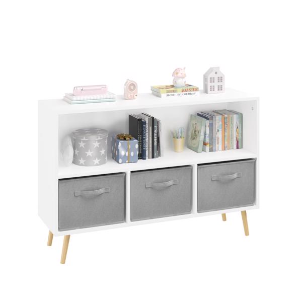 Kids Bookcase with Collapsible Fabric Drawers – White/Gray Children's Book Display & Toy Storage Cabinet Organizer