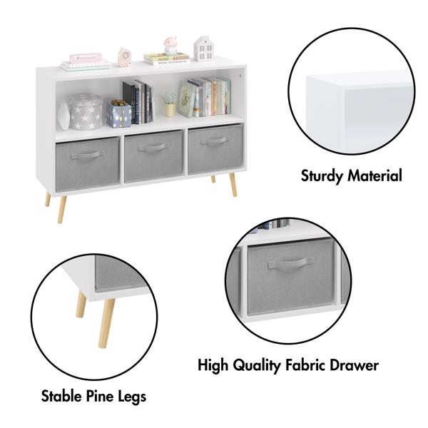 Kids Bookcase with Collapsible Fabric Drawers – White/Gray Children's Book Display & Toy Storage Cabinet Organizer