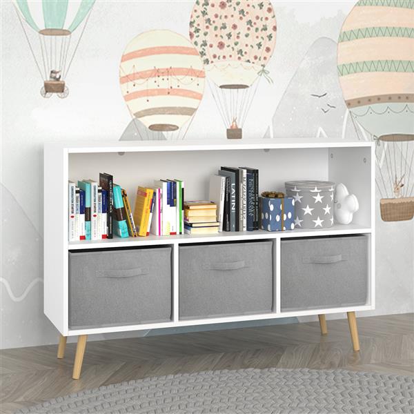 Kids Bookcase with Collapsible Fabric Drawers – White/Gray Children's Book Display & Toy Storage Cabinet Organizer