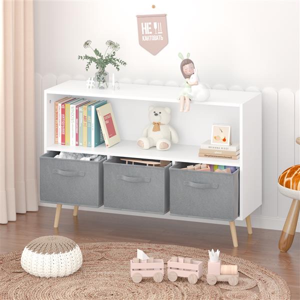 Kids Bookcase with Collapsible Fabric Drawers – White/Gray Children's Book Display & Toy Storage Cabinet Organizer