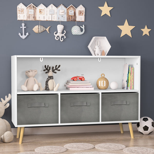 Kids Bookcase with Collapsible Fabric Drawers – White/Gray Children's Book Display & Toy Storage Cabinet Organizer