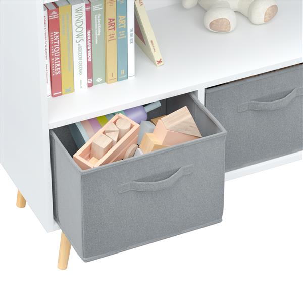 Kids Bookcase with Collapsible Fabric Drawers – White/Gray Children's Book Display & Toy Storage Cabinet Organizer