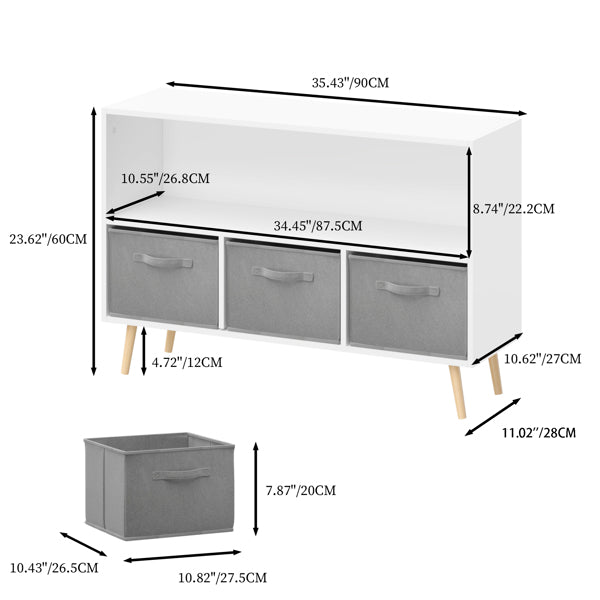 Kids Bookcase with Collapsible Fabric Drawers – White/Gray Children's Book Display & Toy Storage Cabinet Organizer