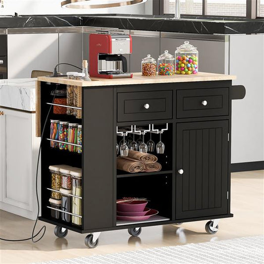 Black Kitchen Island with Power Outlet & Drop Leaf | Rubber Wood Storage Island with Wine Rack & Adjustable Shelves - 5 Wheels for Home, Kitchen & Dining Room